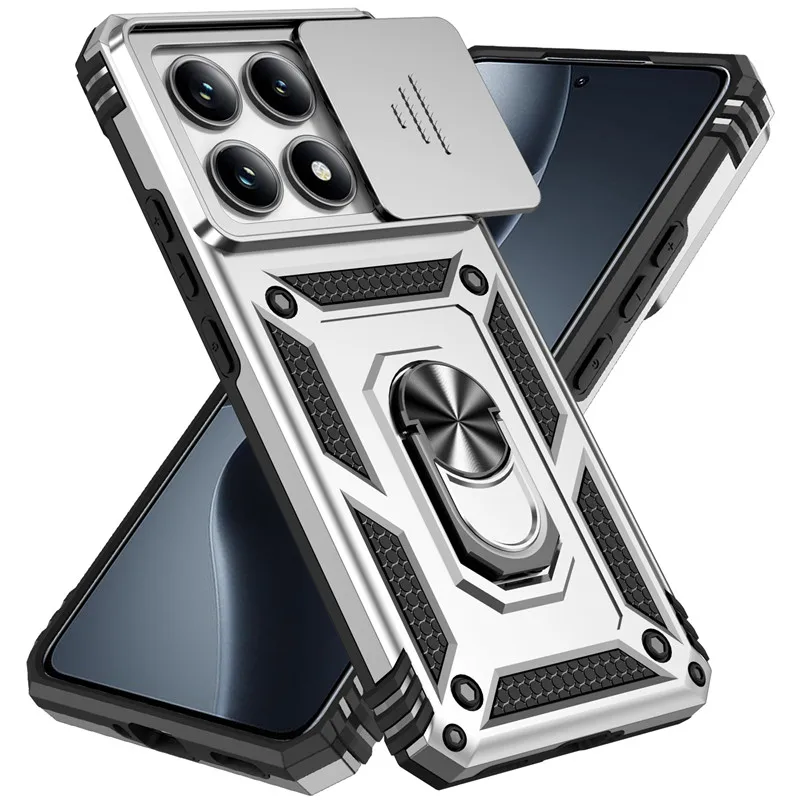 Durable Armor Protective Case with Slide Lens Cover and Ring Stand