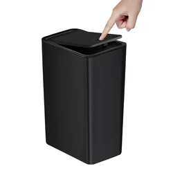 Compact 10L Bathroom Trash Can with Press - Top Pop - Up Lid - Stylish Plastic Wastebasket - 10L (Black)
