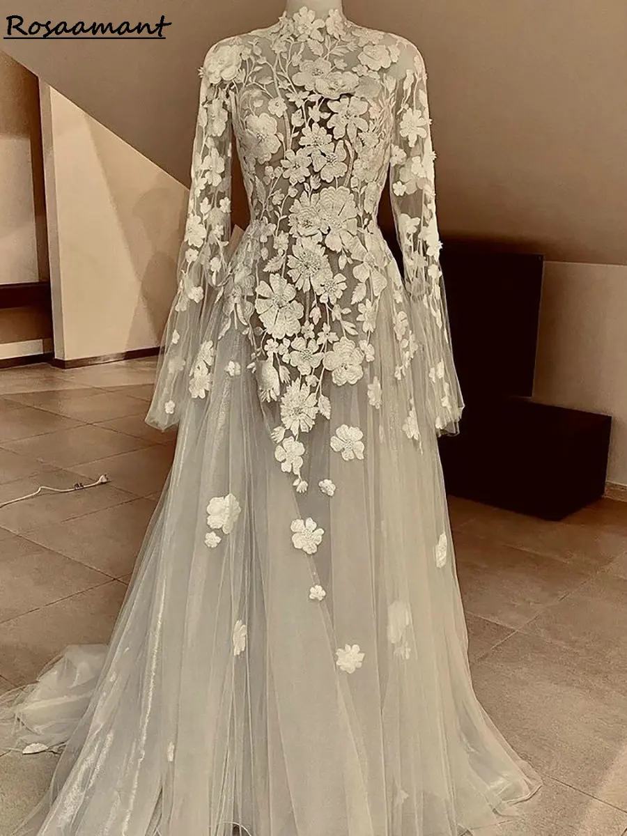 

Real Image Illusion High Neck A-Line Wedding Dresses Long Sleeve Floral Appliques Lace Bridal Gowns Robe De Mariée