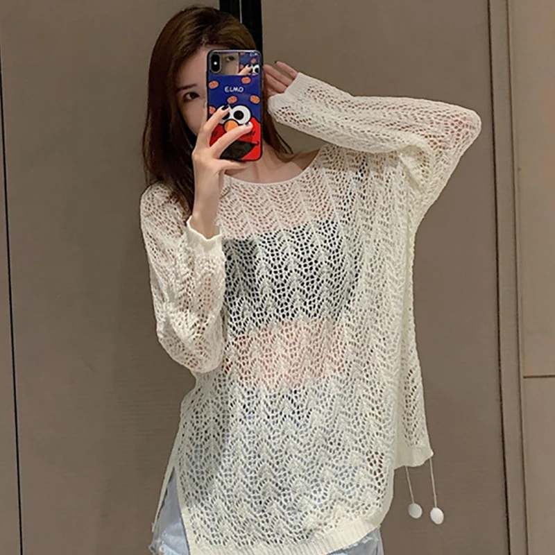 

Summer Hollow Out Long Sleeve Women O Neck Knitted T Shirts Hem Fork Thin Breathable Sun Protection Oversized Pullovers Apricot