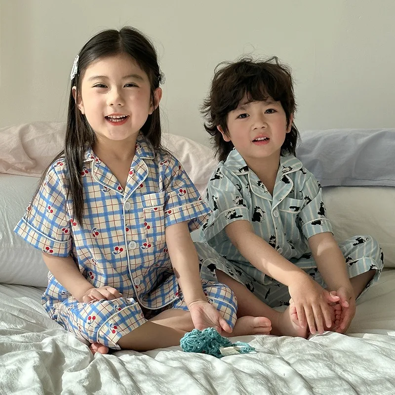 Children's Pajamas Summer 1-8Y Home Clothing Set Thin Pure Cotton Boys Lapel Top Pants 2Pcs Suit Girls Cartoon Printed Sleepwear