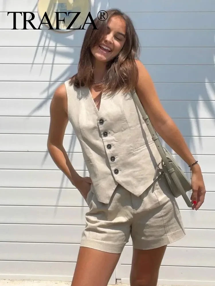 TRAFZA Summer Women Casual Vintage Solid Pant Suit Button Waistcoat Vest Top High Waist Shorts Sets Cotton Linen Clothing Woman