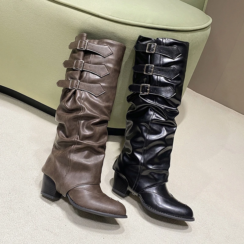 

2024 New Thick Heel Women Western Cowboy Boots Fashion Removable Long Knight Booties Ladies Elegant Thick Heel Shoes
