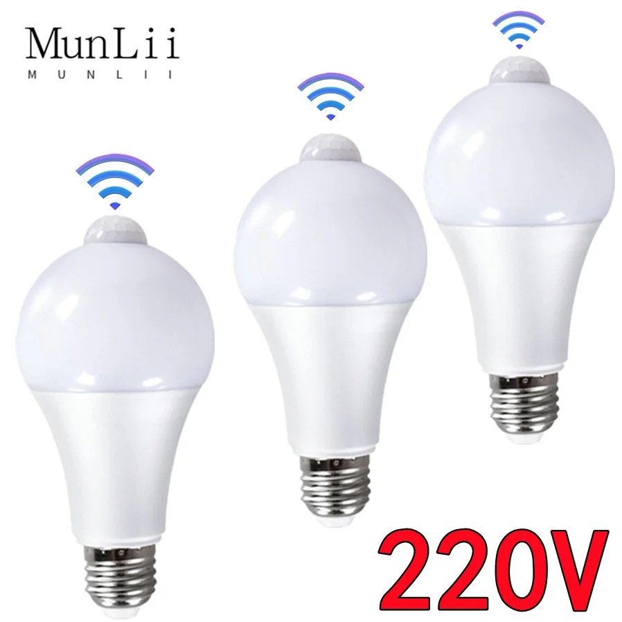 MunLii 220V E27 PIR 모션 센서 램프 12W 15W 18W LED 전구 모션 센서 적외선 방사선 모션 감지기 야간 조..