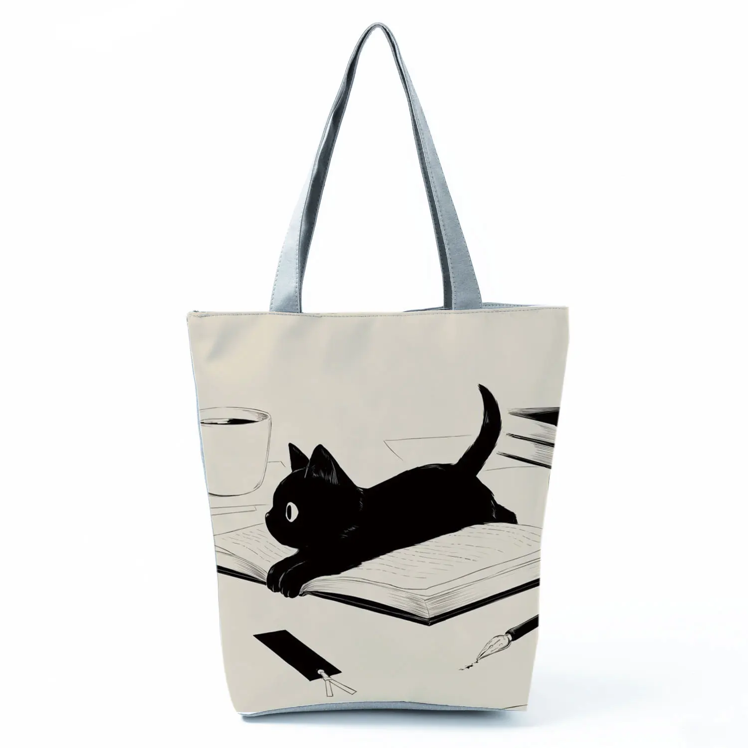 Customize Handbgas Cute Black I Love Cat Painting Women Designer Tote Animal Graphic Eco Reusable Shopping Shopper Bags Foldable women's bags brands	. Totes