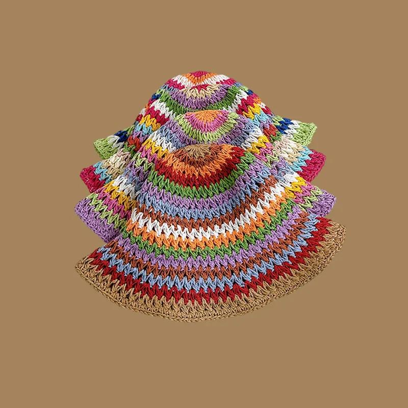 Summer Rainbow Striped Bucket Hat Woman Crochet Beach Fisherman Hat Foldable Handmade Weave Sun Female Panama