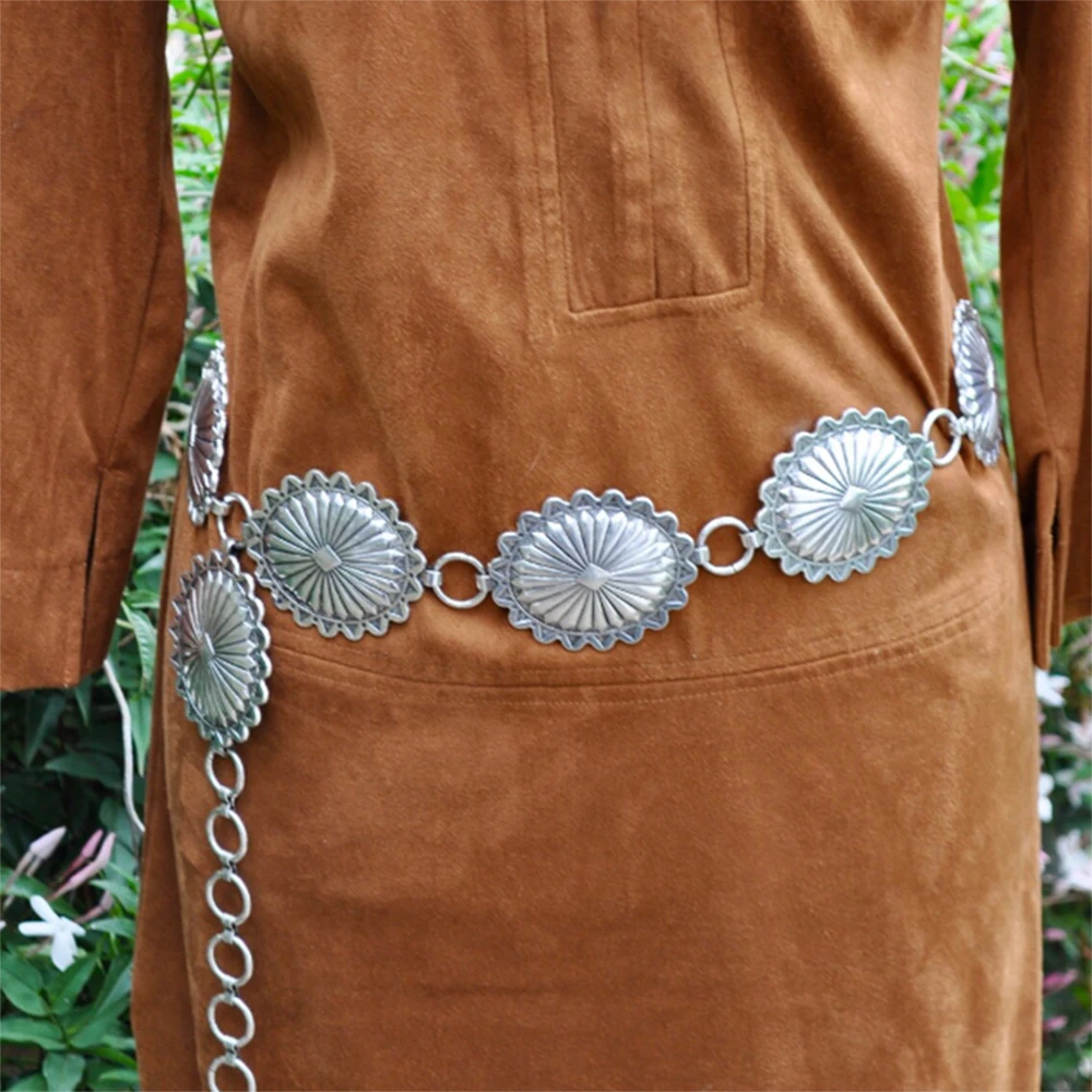 

New BELT Southwestern Sun Star Burst Stamped Metal Medallion Concho Chain Belt Cowgirl Summer Dress Waist Boho Accessori