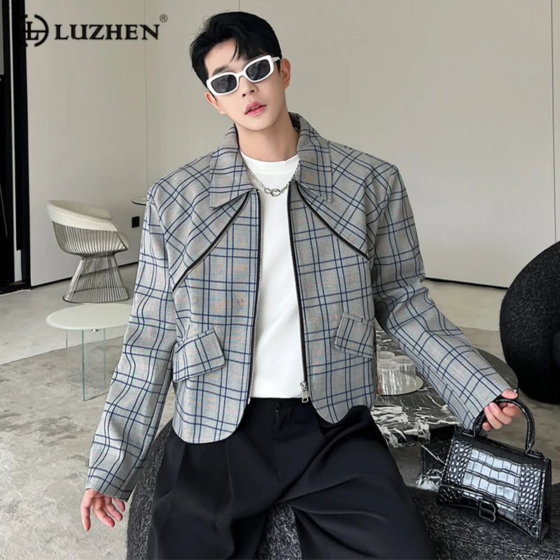 

LUZHEN Korean Style Checkered Short Jacket Men's Zipper Decoration Daily Male Clothes New Vintage Simple Casual Outerwear 1f084a