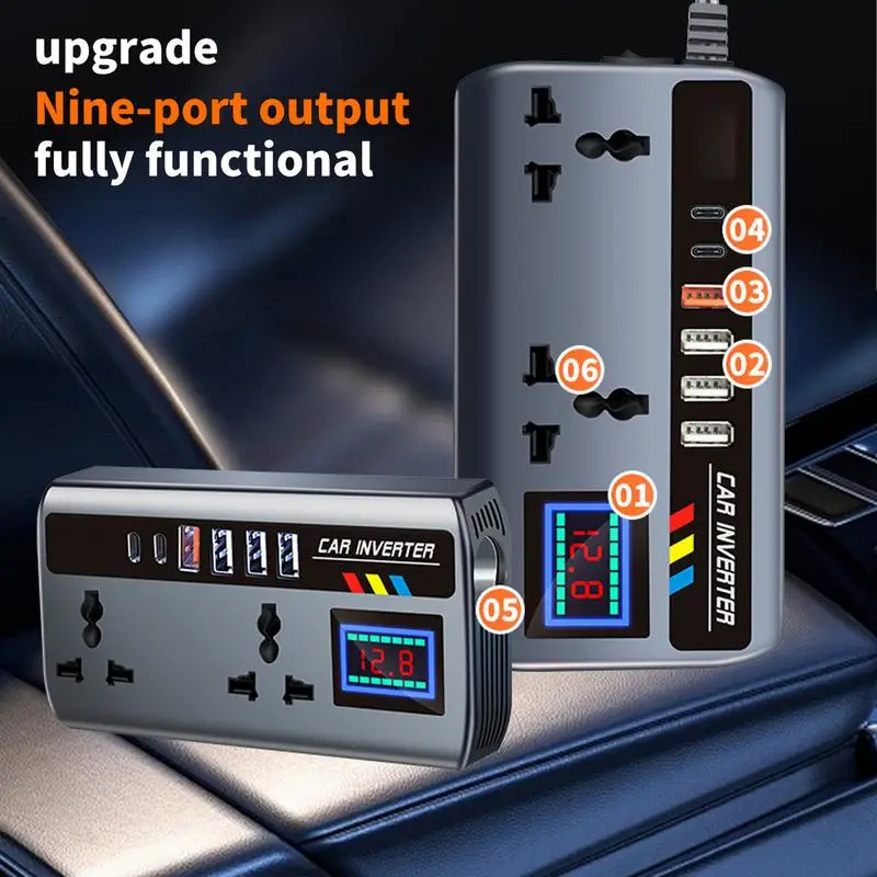 Car Inverter Outlet 12V/24V to 220V Car Converter for Plug Outlet Fast Charging Ports Portable Automotive Charger Inverter 3 USB