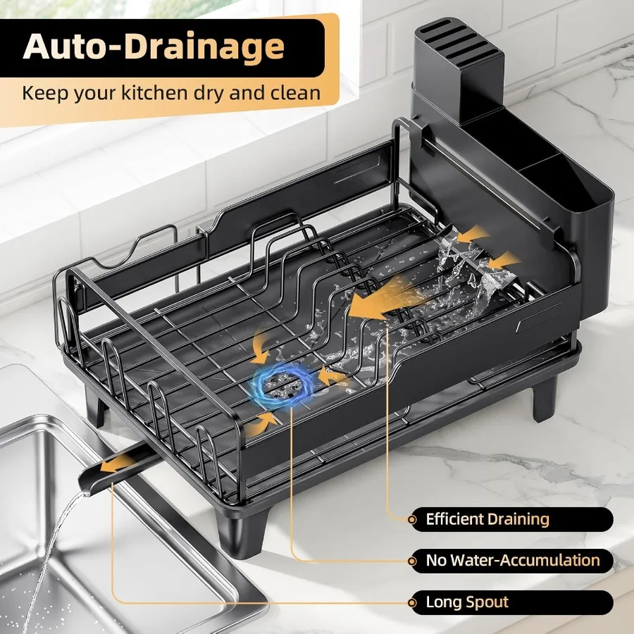 Dish Drying Rack for Kitchen Counter Countertop Dish Rack with Drainboard Multifunctional Dish Drainer with Cups Holder Cutting