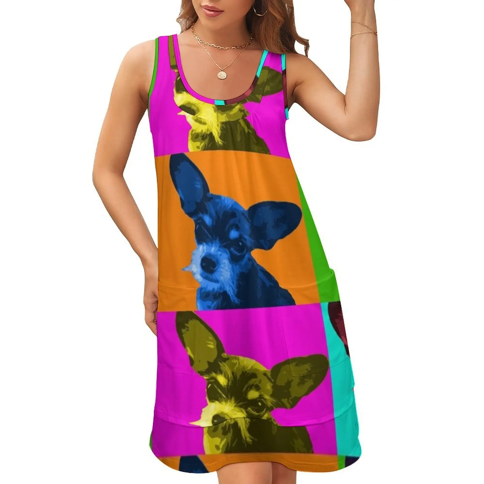 

Pop Art Squeaky Chihuahua Sleeveless U-Neck Fake Two Piece Dress summer dress korean women ladies dresses for women 2024