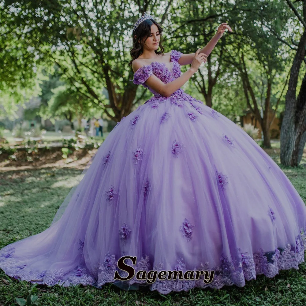 Sagemary Fancy Appliques Quincenera Dresses Tulle Lace Up Ball Gown Off the Shoulder Sweep Train De Fiesta Customised