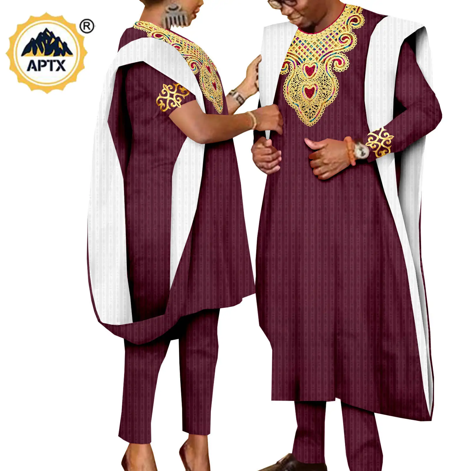 

Bazin Riche African Suits for Men Dashiki Agbada Women Applique Robes Top Pant Sets Matching Men Jacquard Outfits Asoebi Y23C029