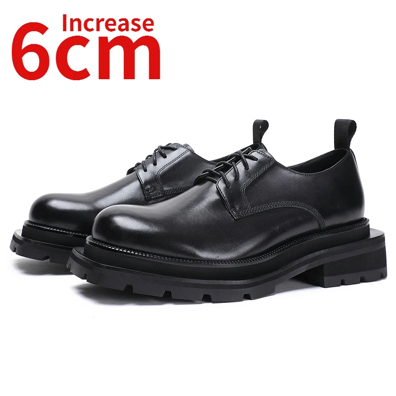 

England Style Square Head Derby Shoe Men Thick Soles Height Increased 6cm Genuine Leather Hand Sewn Casual Leather Shoes for Men