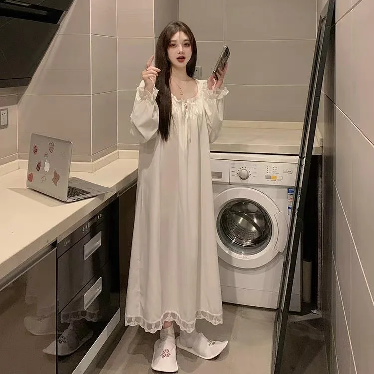 Women Nightgowns Long Sleeve Night Dress Large Size Loose White Sleep Shirts Pajamas