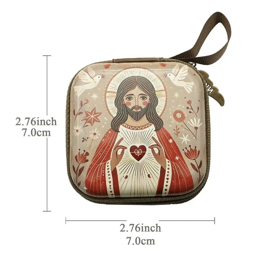 Portable Virgin Mary Prayer Rosary Storage Bag 7x7cm Cartoon Jewelry Box Elegant Zippered Christian Gift Devotees