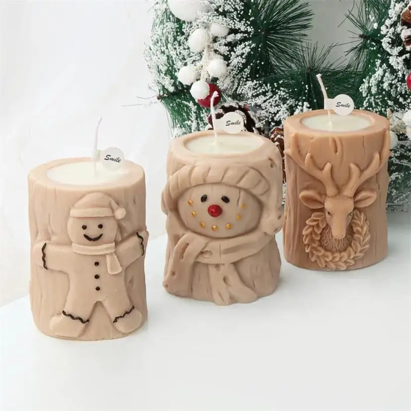 1 Pcs Creative 3D Tree Stump Christmas Tree Candle Silicone Mold Elk Snowman Tree Stump Silicone Mold Christmas Decoration Mold