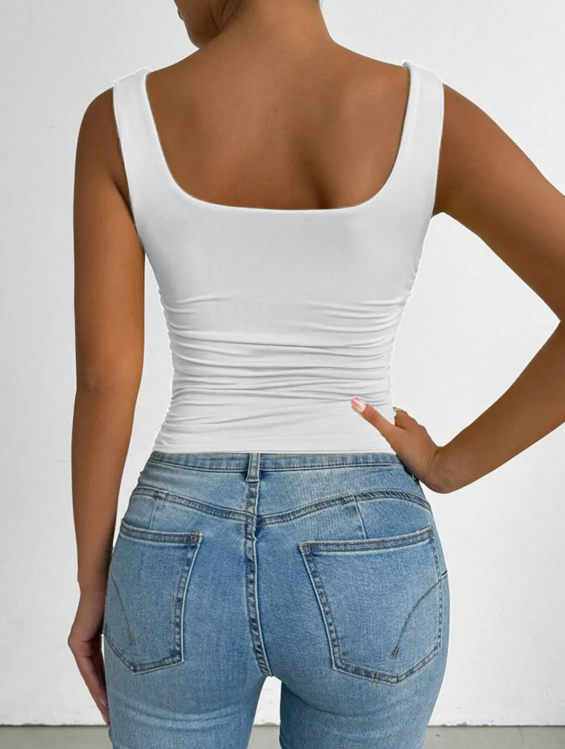 Damen Schwarz-Weißes Casual Basic Ärmelloses T-Shirt, Elegantes Schulterfreies Crop Top mit Quadratischem Ausschnitt, Sexy Figurbetontes Rückenfreies Tanktop – Detail 4