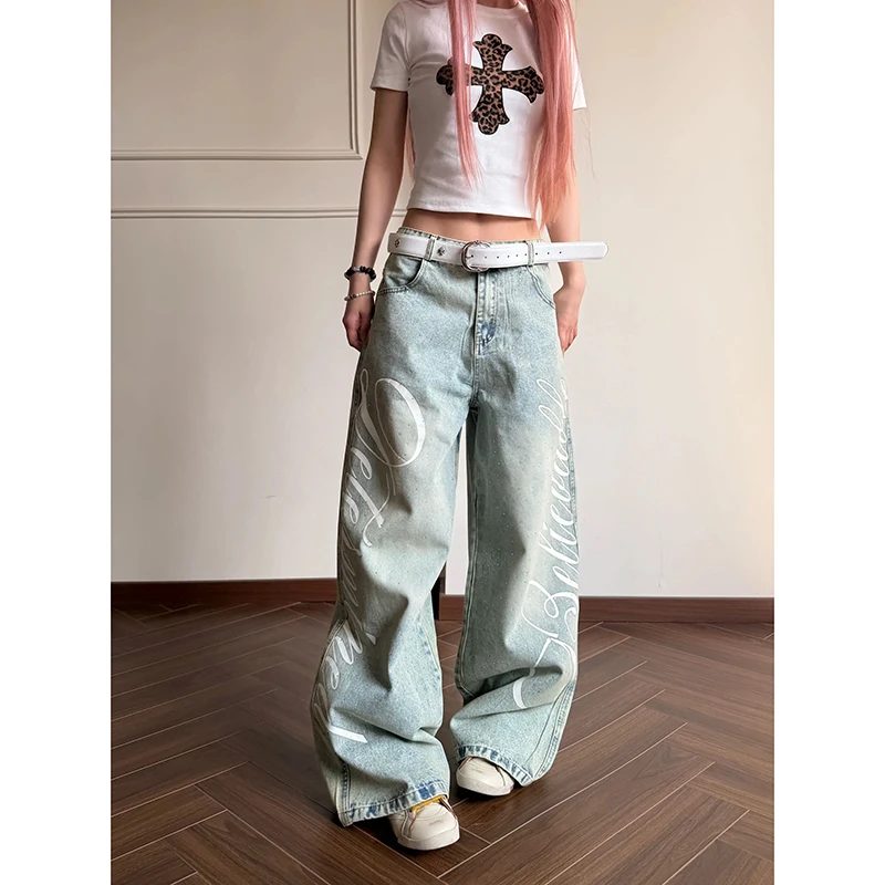 YIBASHU Women Vintage Blue Y2k Baggy Jeans Harajuku Letter Print Denim Trousers Streetwear Japanese 2000s Oversize Jeans Pants 2