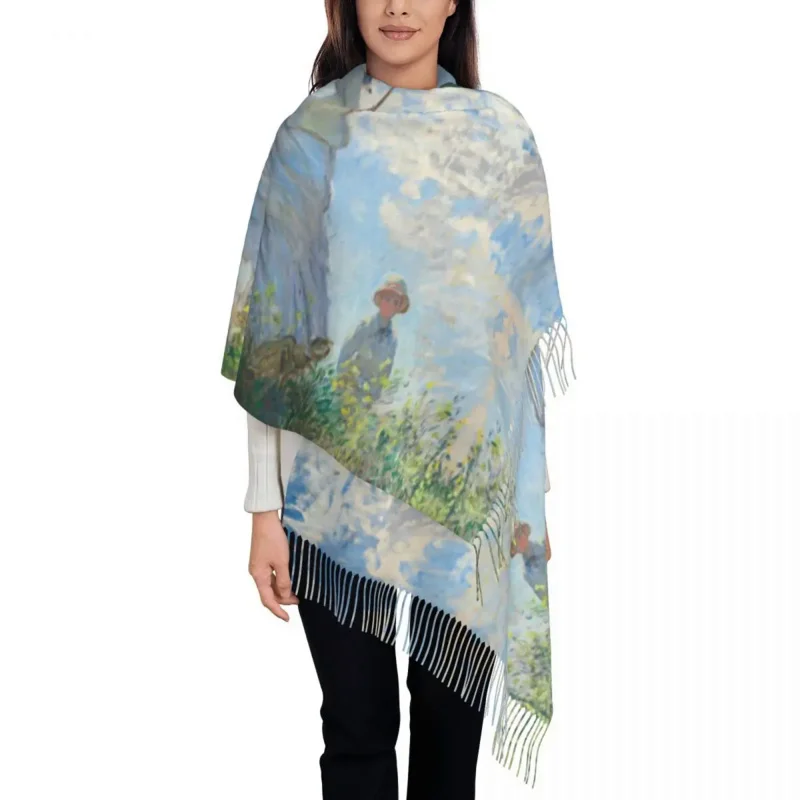 

Woman With A Parasol By Claude Monet Scarf Wrap for Women Long Winter Warm Tassel Shawl Unisex Modern Painting Art Scarves