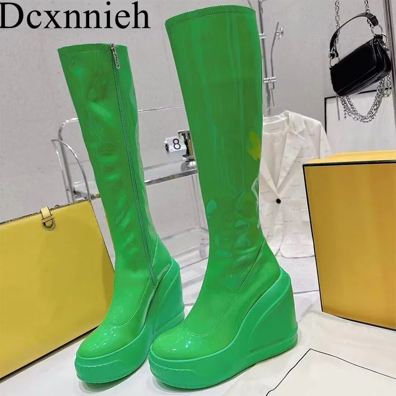 

2023 Spring Autumn Round Toe Knee High Boots Women Shiny Leather Wedges Heel Thick Sole Long Boots Ladies Zipper Knight Boots