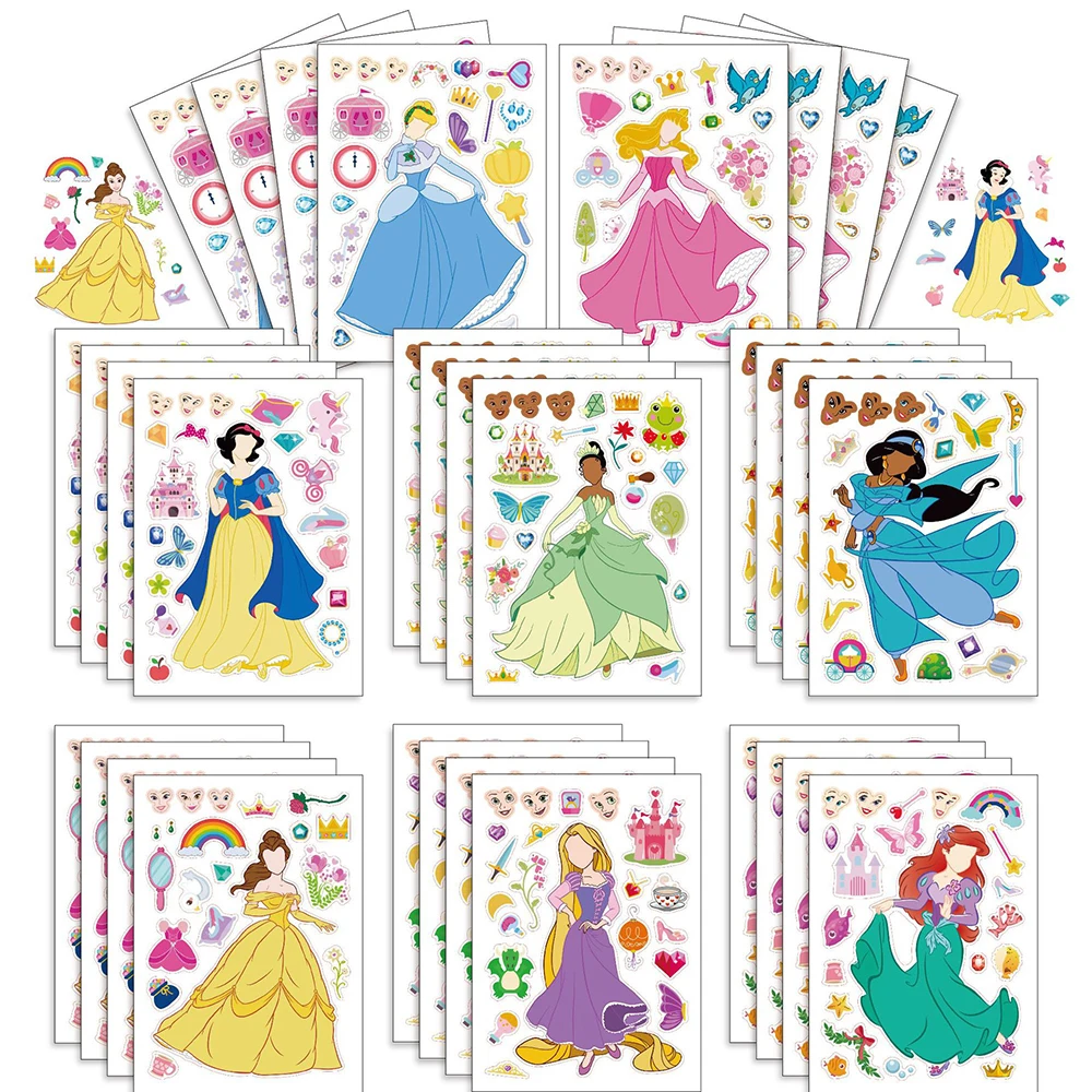 

8/16Sheets Make Your Own Disney Princess Puzzle Stickers Children Game Make-a-Face Assemble Jigsaw DIY Toys Party Gift For Girls