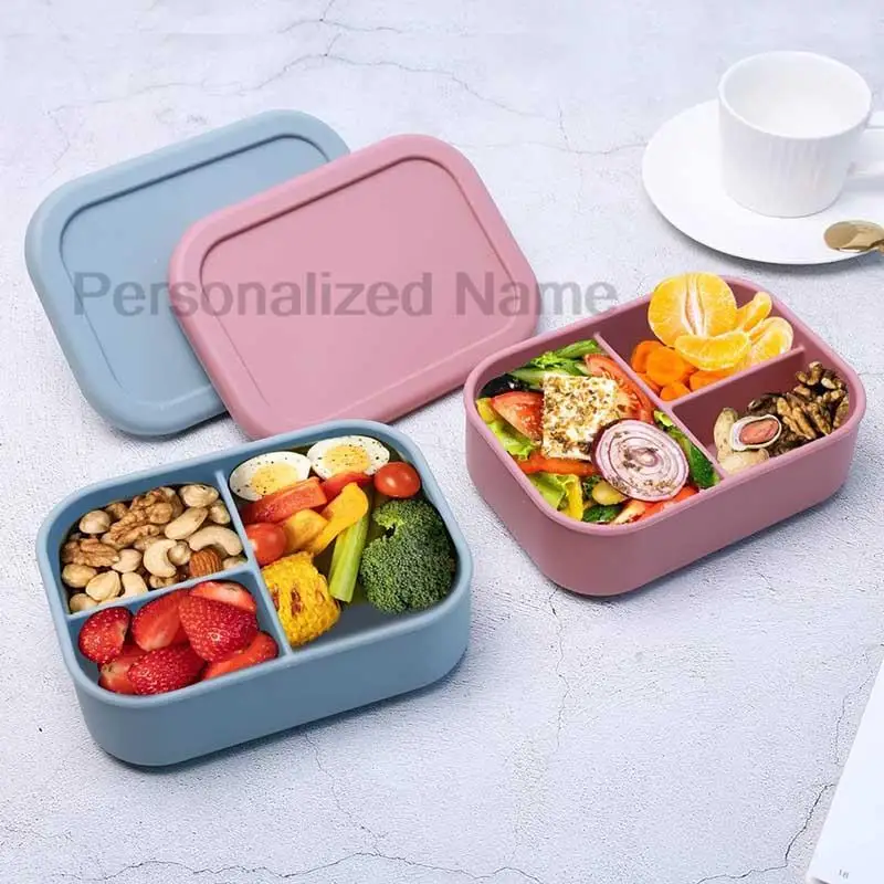 Silicone Lunch Box 3 Compartment Personalized Name Bento Box Leakproof Silicone Lunch Kids Divider Portable Picnic Food lunch box portable food storage box