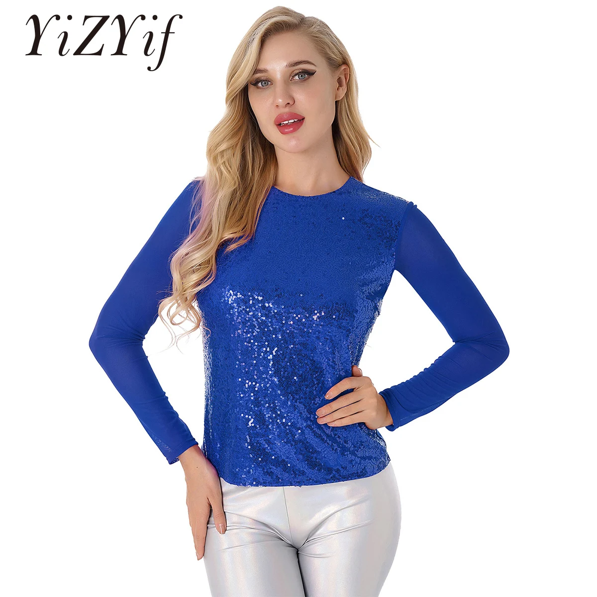 Футболка женская с блестками прозрачный сетчатый костюм длинным рукавом в стиле