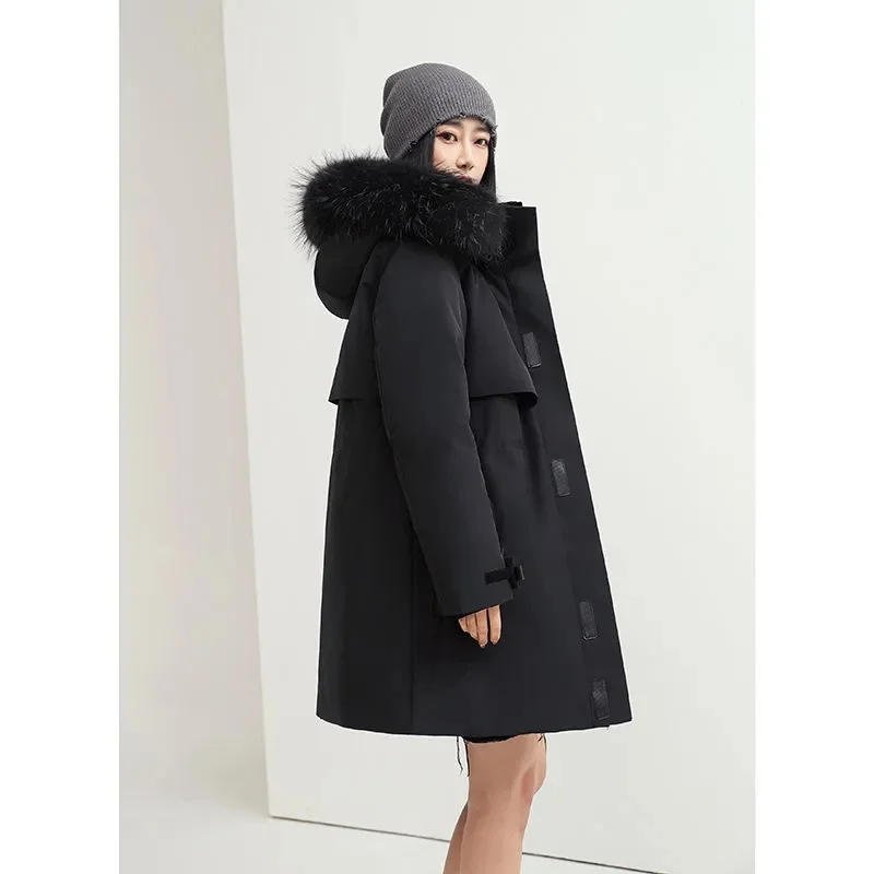 2023 Winter New Loose Down Jacket Men and Women With the Same Mid-Length Hooded Raccoon Fur Collar Couples Fashion Female Coat