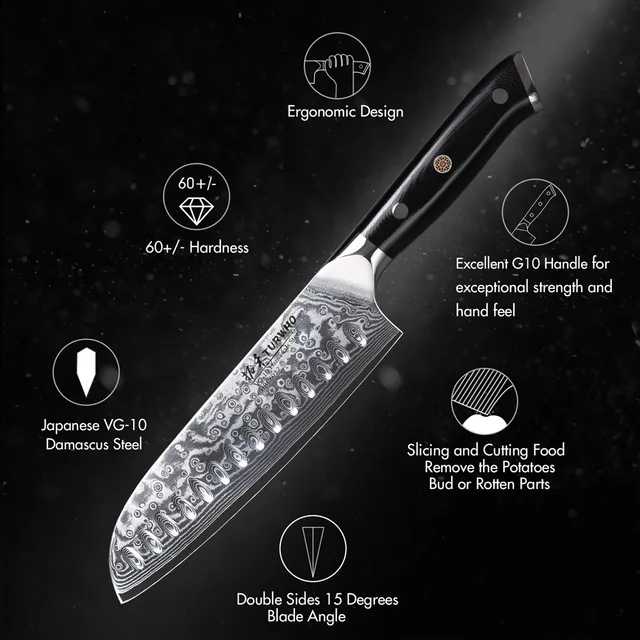 TURWHO 7 "Coltello Santoku in stile giapponese Acciaio di Damasco Coltello da cuoco professionale Affettare Mannaia Manzo Utensili da cucina da cucina 5