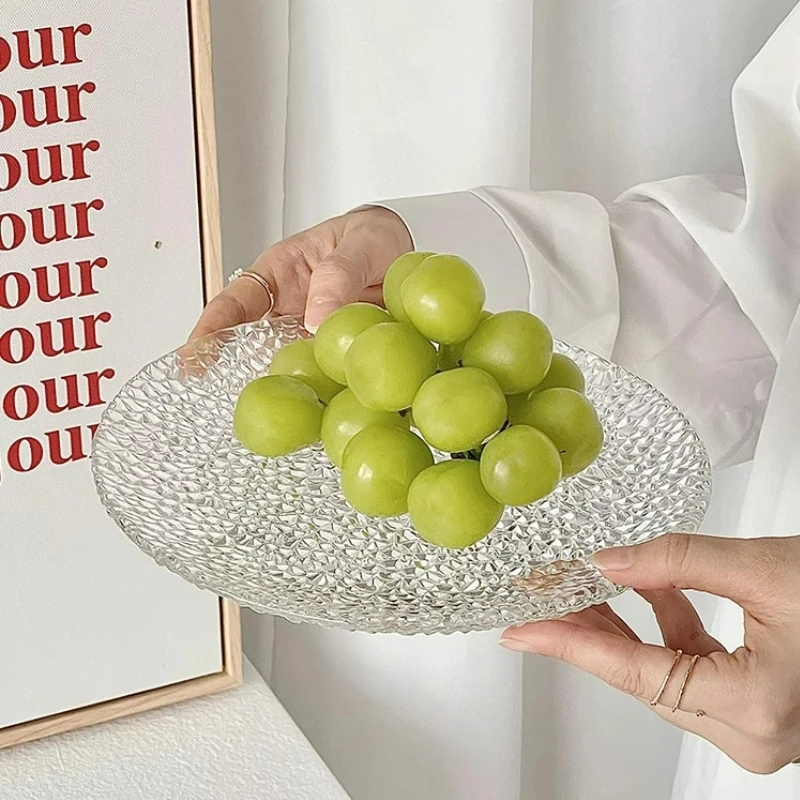 Creative Round Shaped Glass Plates Transparent Engraved Salad Fruit Plate High-looking Dessert Plate Kitchen Accessories