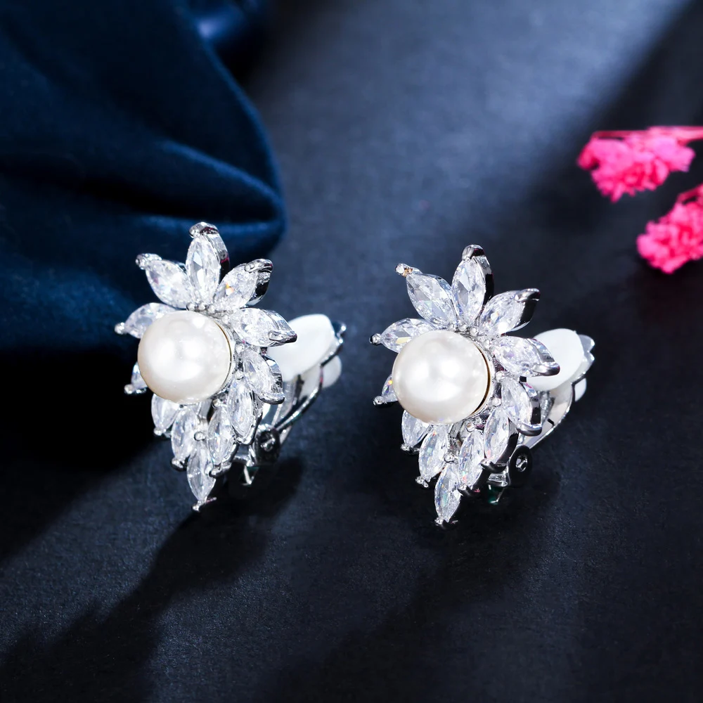 CWWZircons Non Pierced Design Shiny White Cubic Zirconia Bridal Wedding Party Clip On Pearl Earrings Without Piercing CZ162 5