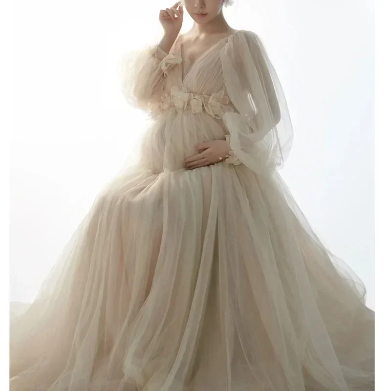 

Maternity Dresses for Photo Shoot Long Sleeve Tulle Floral Maxi Gowns Dress Pregnant Women Photography Pregnancy Shooting Dress