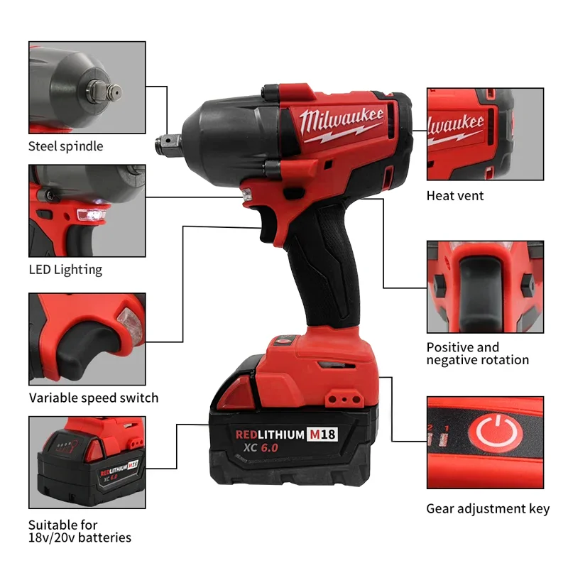 Milwaukee Cordless 1300N.M Torque Brushless Electric Impact Wrench 1/2 inch Screwdriver Wrench Power Tools For 18V Battery 2