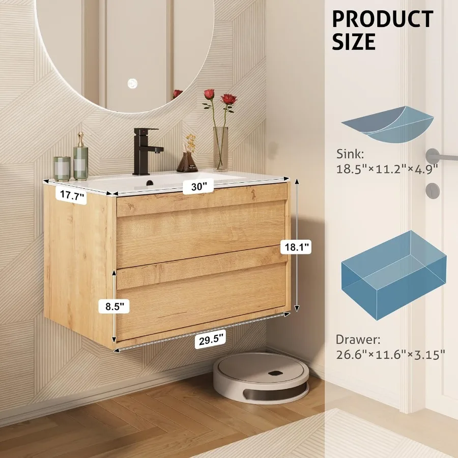 30" Floating Bathroom Vanity with Ceramic Integrated Sink Combo, Wall Mounted Storage Cabinet with 2 Drawers Bathroom Vanities 3