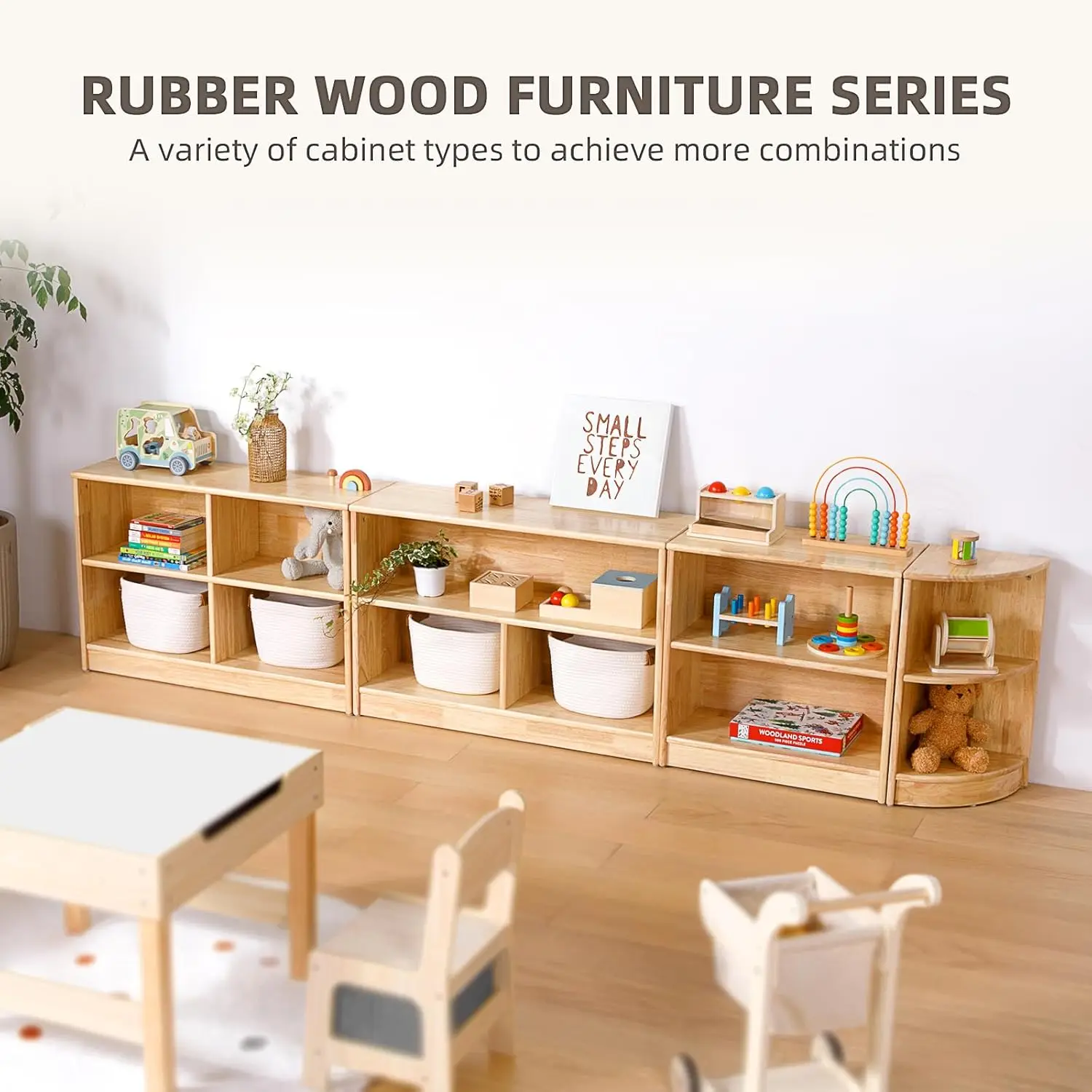 Rubber Wood 5-Compartment Montessori Shelf, 2-Tier Toy Organizers and Storage,for Kids Room, Playroom,Classroom, Kindergarten