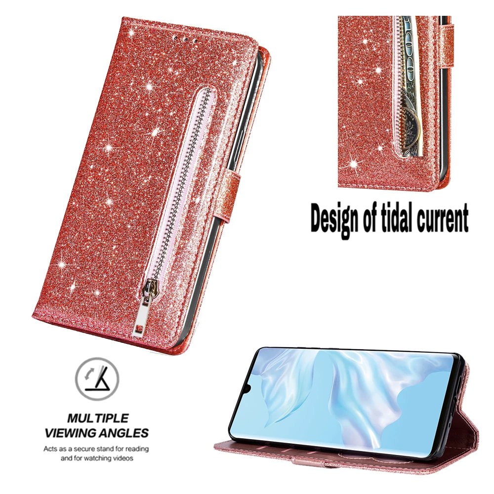 Zipper Flip Wallet Glitter Leather Bling Stand Phone Cover