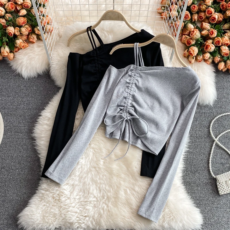 

Fashion Spring Autumn Solid Color T-shirts Casual Skew Collar Off Shoulder Full Sleeve Drawstring All-matched Slim Women Tops