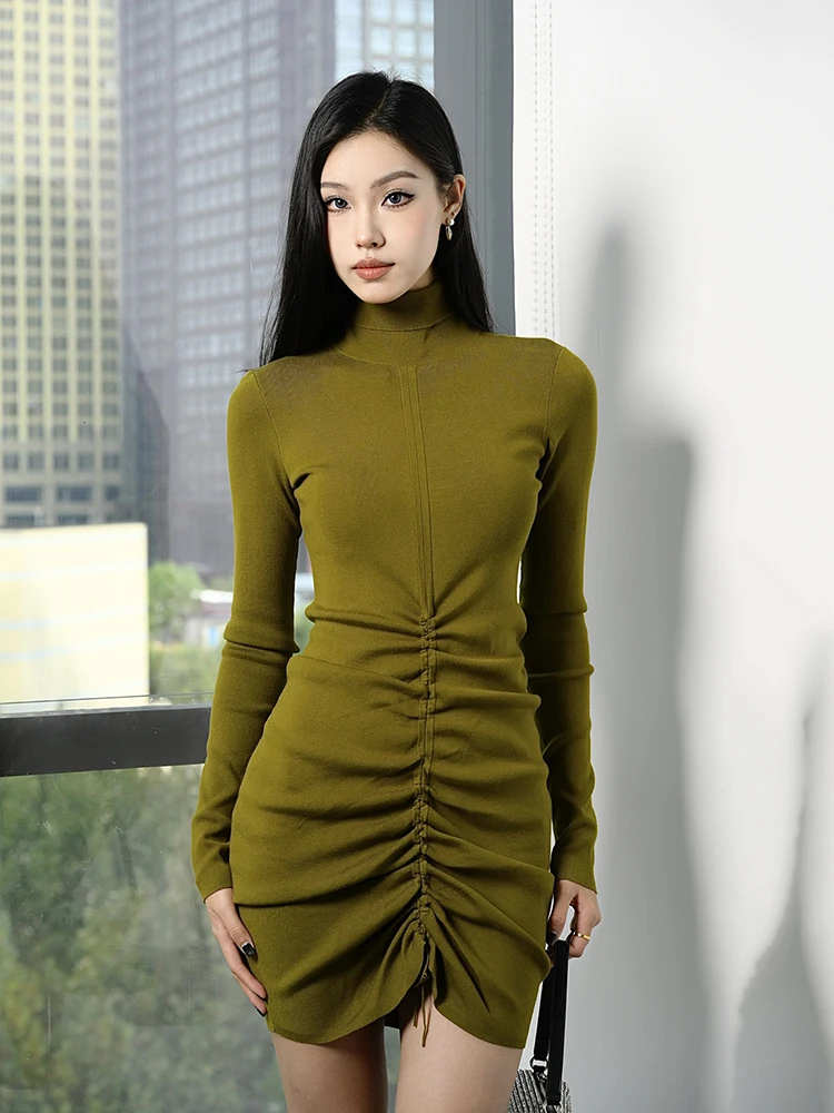 

Stretch Slim Slimming High Neck Knit Womens dresses Drawstring Adjustable Pleated Long Sleeve Female dress 2023 Winter New