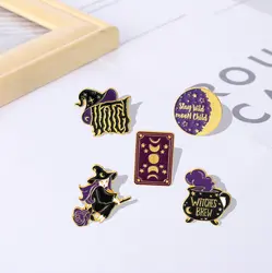 Witch Enamel Pin Witchcraft Brooch Tarot Cards Moon Phase Witches Hat Metal Badges Bag Clothes Pins Up Holloween Jewelry