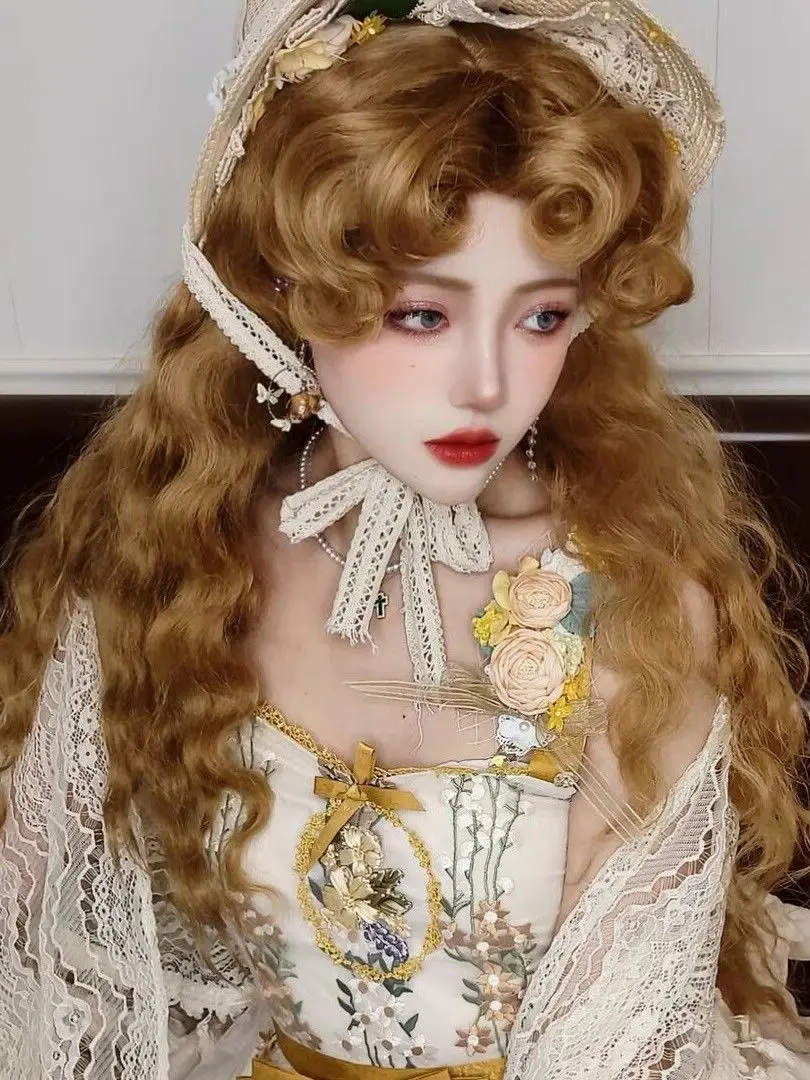 Princess Diary Wig for Women Gold Brown French Fluffy Wool Rolls Lolita Retro High Temperature Fibers Synthetic Hair Wig Cosplay