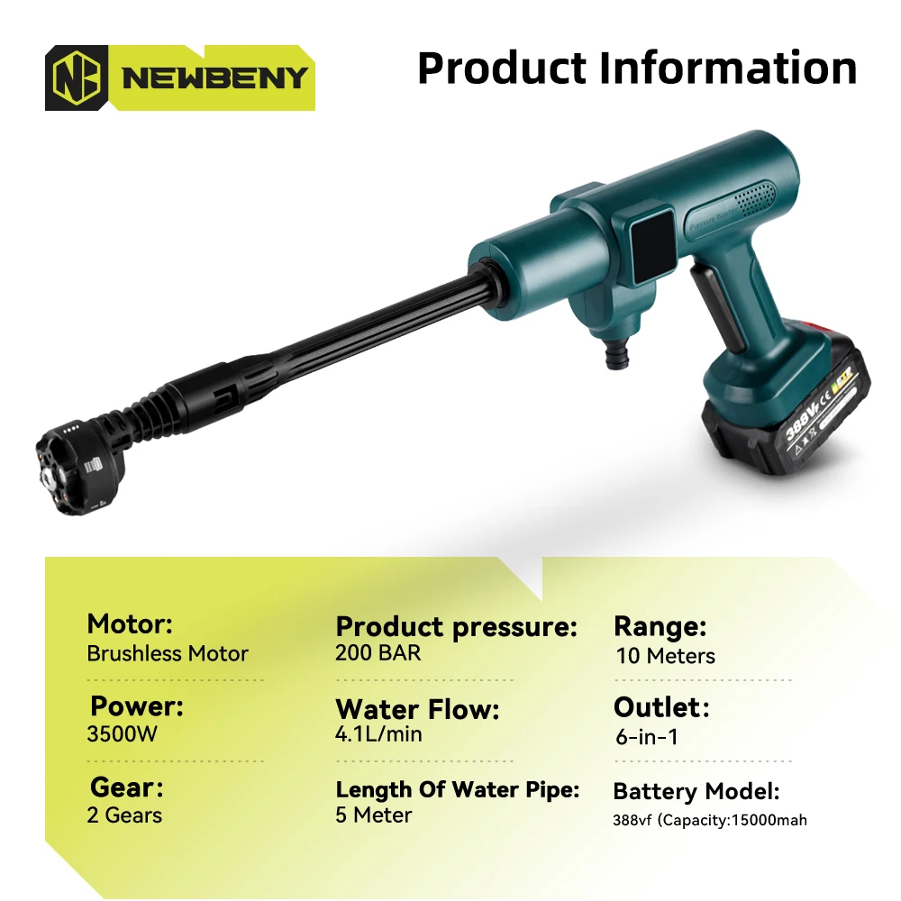 3500W 200Bar 6 IN 1 Brushless Electric Car Washer Gun Portable Cordless Rechargeable Car Garden Power Tool For Makita 18VBattery 2
