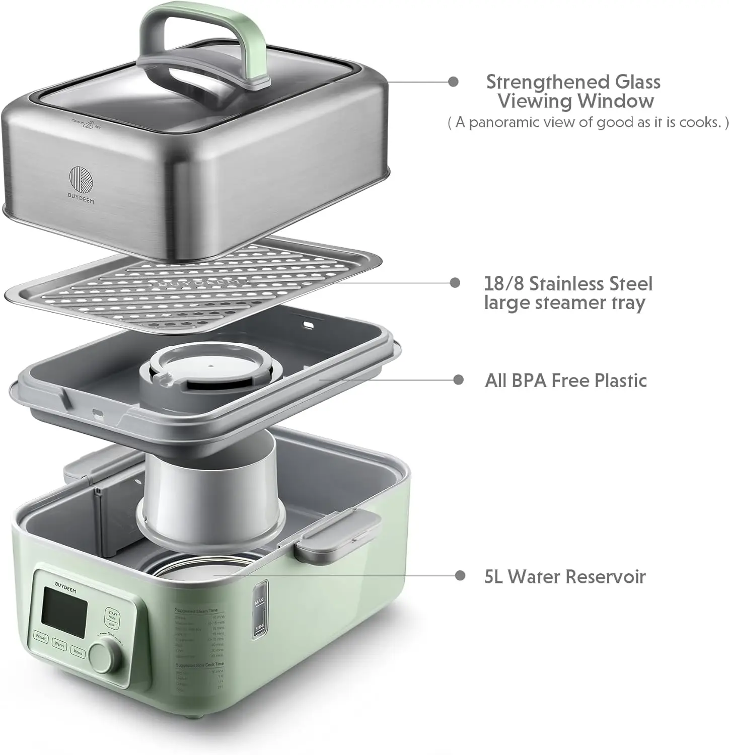 G553 5-Quart Electric Food Steamer for Cooking, One Touch Vegetable Steamer, Digital Multifunctional Steamer, Quick Steam in 60s 6