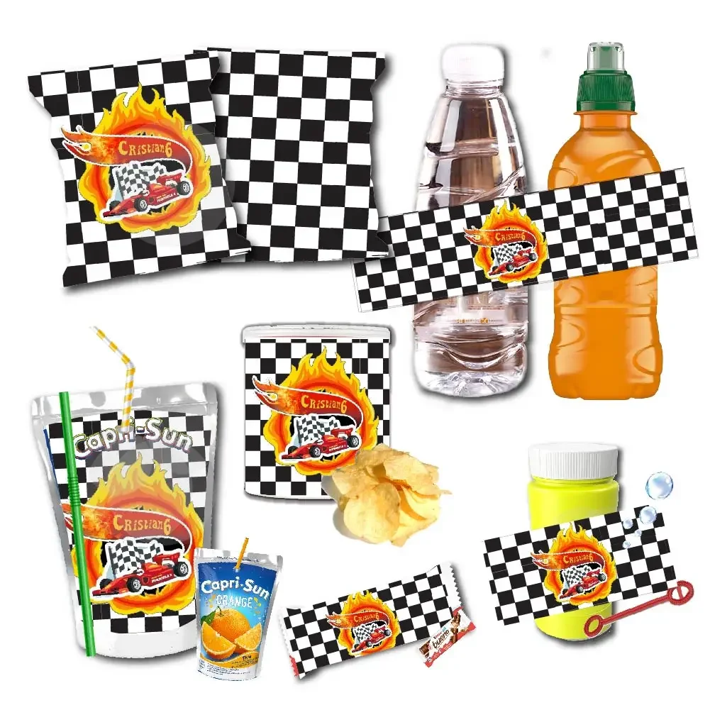 Auto Da Corsa A Scacchi Capri Sun Juice Etichette Bottiglia D'Acqua Fruit Shoot Kinder Bueno Chip Candy Box Sticker Birthday Decor