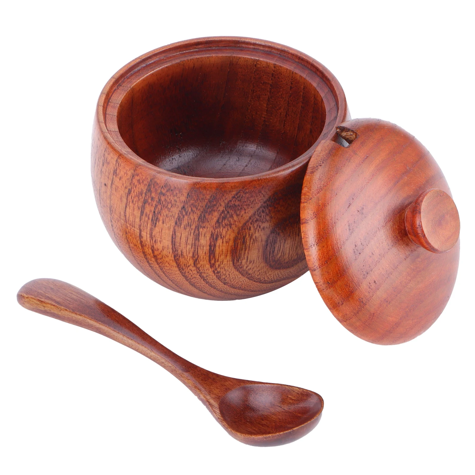 Wooden Salt Bowl with Lid Spoon Vintage Spice Jar Seasoning Container Cooking Utensil 150ml for Home Kitchen food storage container