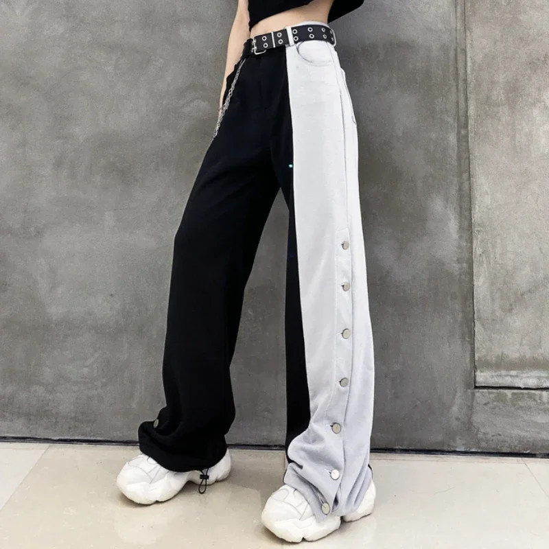 Women Elastic Waist Wide Leg Korean High Street Pants 2024 New Fashion Contrast Cargo Pants Female Plus Size Trousers Popular