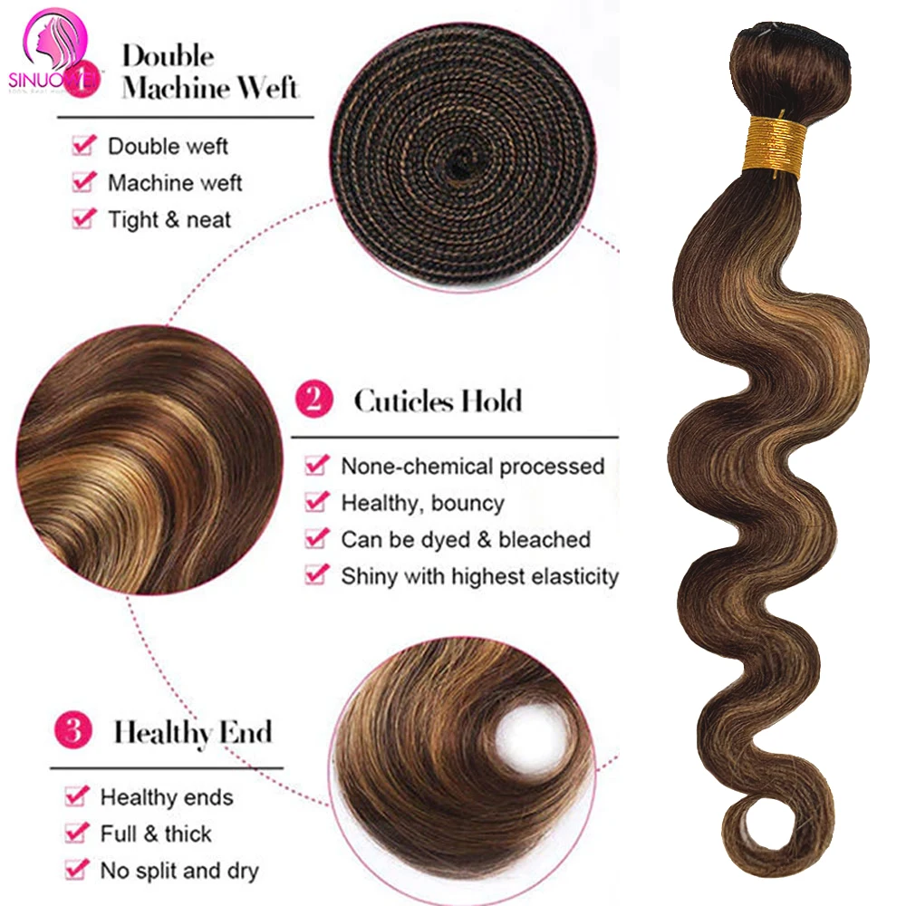 30 32 Inch Highlight Body Wave Bundle 100% Human Hair Bundle P4/27 Honey Brown Brazilian Hair Bundles 1 3 4 Remy Hair Bundle 2