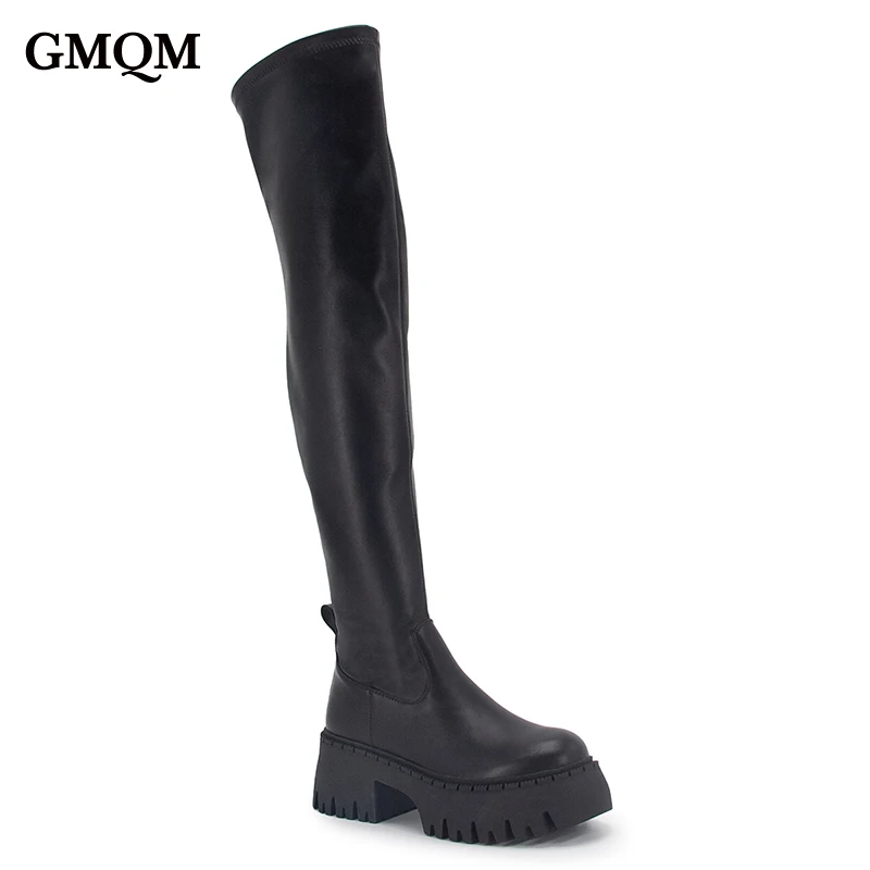 

GMQM Fashion Women's New 2023 Over The Knee Boots Platform Long Boots Round Toe Boots Black Shoes Slim Stretch Thigh High Boots