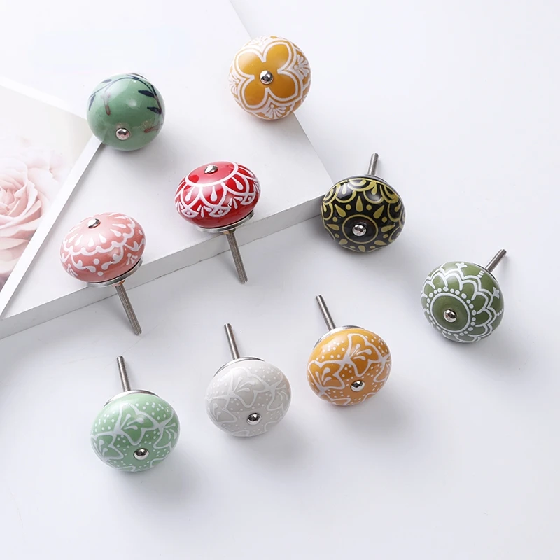 Grille Imprimée Rose - Poignée De Porte Ronde En Céramique, Style