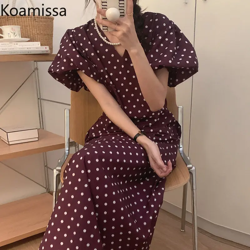 

Koamissa Vintage Women Short Sleeves Summer Long Dress Fashion Ladies V-neck Dot Holiday Dresses Slim A Line Vestidos Dropshipp